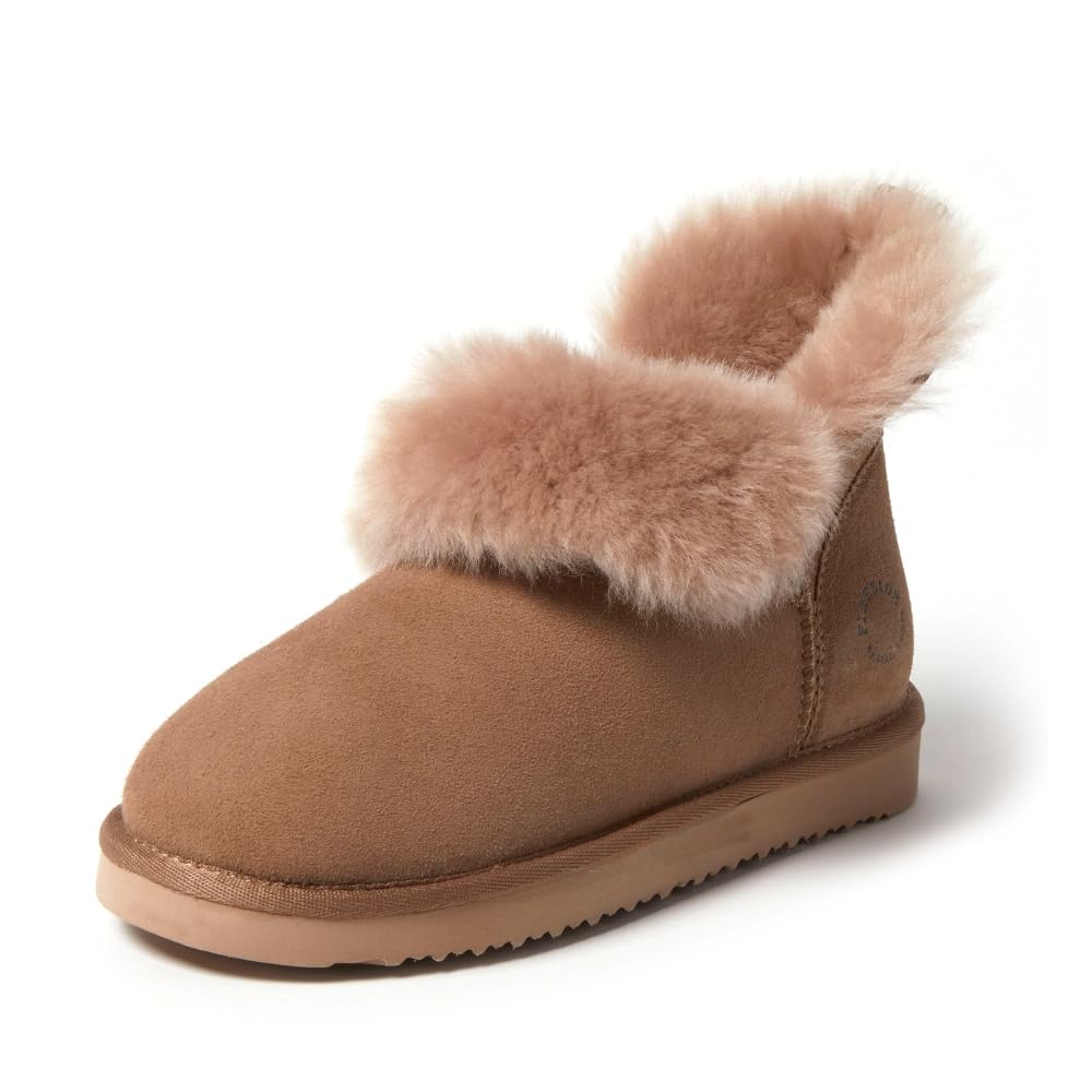 Dearfoams Women's Fireside Shearling Water Resistant Indoor/Outdoor Foldover Boot Slipper