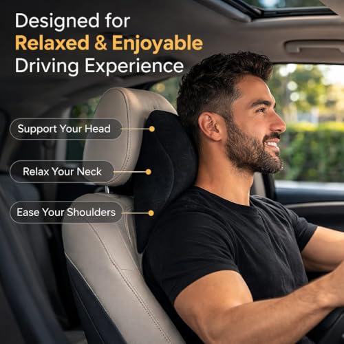Image of Car Neck Pillow, Black | 100% Pure Memory Foam, Ergonomic Suede Headrest, Adjustable Strap, Cervical Support & Pain Relief, Universal Fit