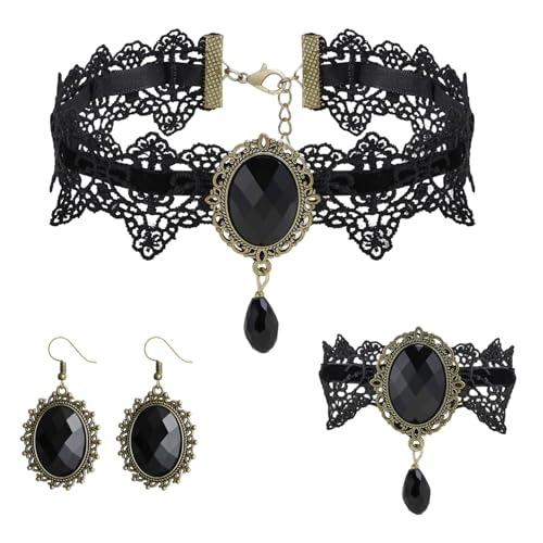 VLYX Collier gothique steampunk victorien réglable avec bracelet et boucles d'oreilles, Dentelle en velours noir pour femme, Costume pour fête formelle (Noir