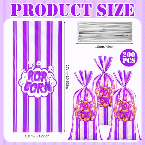 Image of Popcorn Bags Bulk Movie Night Pop Corn Plastic Bags for Popcorn Machine Pop Corn Snack Containers with Twist Ties for Carnival Graduation Party Supplies (Bright,Purple,200 Pcs)