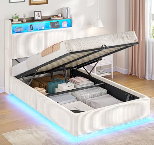 AOGLLATI Lit Coffre 90×200 avec LED RVB à 360° et Multiprise, Lit 1 Personne avec Tête de Lit Capitonné et Rangement Caché,Cadre de Lit 90x200 avec...