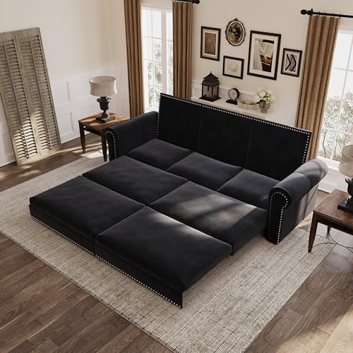 Image of Eafurn 93.7 inch King Size Pull Out Sofa Bed, 3-in-1 Convertible Sleeper Sofa Couch Bed with Nailhead Decor and Rolled Arms, Velvet Oversized Chesterfield Loveseat Chaise Lounge