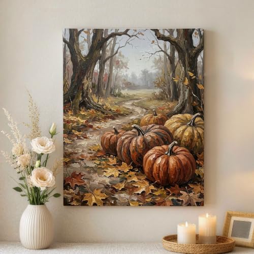 Lienzo decorativo para pared de sala de estar con diseño de calabazas y árbol rústico de otoño