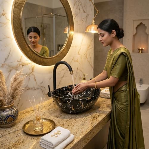 Image of Ceramic Tabletop Wash Basin - Glossy Bowl Shape Countertop Vessel Sink with Marble Finish for Bathroom & Vanity | Compact 16 x 13 x 5 Inch | Elegant Washbasin