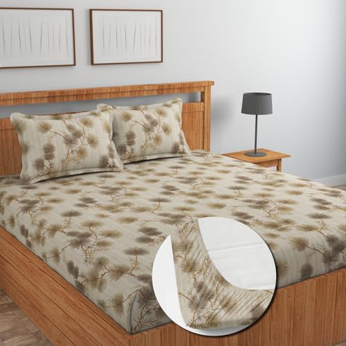 Image of NEW LEAF Cotton Fitted King Bedsheets with 2 Pillow Covers | Elastic Fitted | Wrinklefree | Ultrasoft |Winter Bedsheet 200 to 220 tc Floral | 78x72+8 Inches, Floral Beige Leaf Print