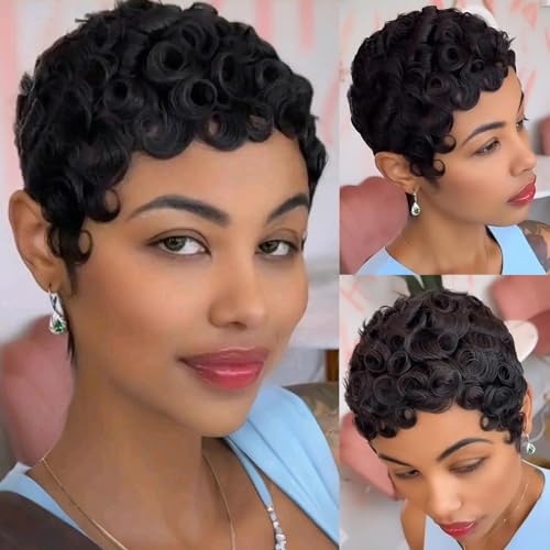YJOQOKOA Pixie Cut Wigs for Black Women Brazilian Curly Pixie Wig Human Hair Glueless Short Layered Wigs With Bangs Natural Black Color No lace front Human Hair Wig