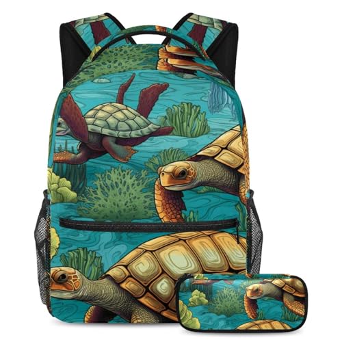 Cartable bleu Seaworld Turtles avec trousse pour l'école