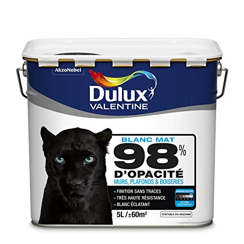 Dulux Valentine Peinture 98% d'Opacité - Murs, Plafonds, Boiseries - Mat Blanc 5L 5255716