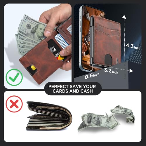 Image of umoven Wallet for Men - Pop Up Case, Cash Slot, and Credit Card Slot - Slim Aluminum Wallet with RFID Blocking, Minimalist Leather Wallet Front Pocket with ID Window (Reddish brown)