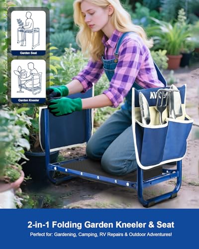KVR Garden Kneeler and Seat Set 7-Piece Upgraded - Heavy Duty Foldable Bench & Stool with 3 Aluminum Tools, 2 Non-Slip Pouches & Tote Bag - Gardening Chair Gifts for Seniors, Women, Mom - Image 4