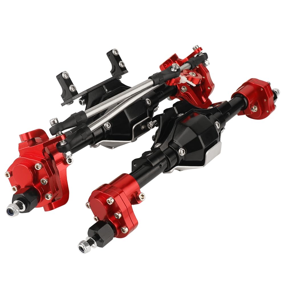 Pothyes Metal CNC Front Middle Rear Complete Portal Axle with Gear for 1/10 RC Crawler Axial SCX10 II Deadbolt 90046 90047 4x4 6x6 Upgrade Parts (red-Black Front +Rear)
