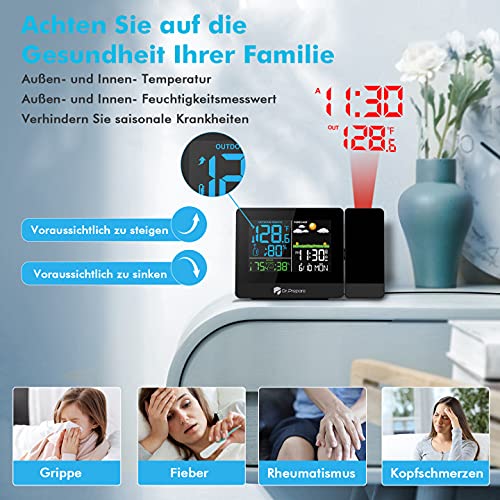 DR.PREPARE Projektionswecker Digitaler Wecker mit Projektion Wetterstation Wecker Projektionsuhr mit Außensensor zeigt Innen- und Außentemperatur für Schlafzimmer Büro Wohnzimmer