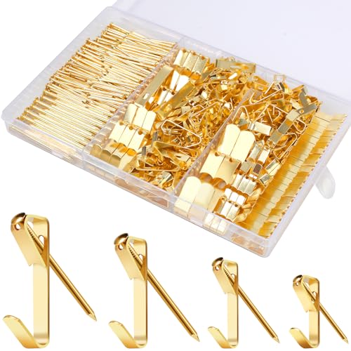 Image of 304 Pieces Picture Hanging Kit, 10lb, 30lb, 50lb and 100lb Picture Hangers, Metal Picture Hanging Hooks with Nails, on Drywall, Wooden Wall(Gold)