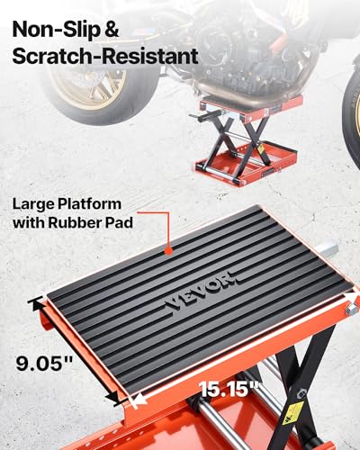 Image of VEVOR Motorcycle Lift, 1500 lbs Motorcycle Scissor Lift Jack with Wide Deck & Lock Pin, 4.13 inch-13.77 inch Center Hoist Crank Stand, Steel Scissor Jack for Street Bikes, Cruiser Bikes, Touring Motorcycles