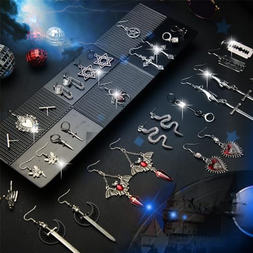 Yinkin 40 Pairs Goth Earrings Set Grunge Punk Rock Dangle Earring Gothic Y2k Jewelry Bat Cross Snake Skull Earrings for Women 6