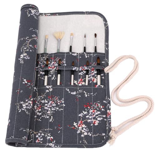 Amoyie Soporte enrollable para pinceles de pintura, estuche portátil para artistas, bolsas de lona para acrílico, acuarela, pincel al óleo, ciruela gris