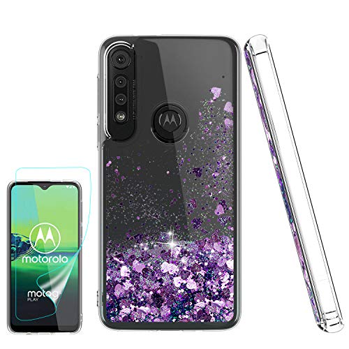 Atump Funda Moto G8 Plus con Protector de Pantalla HD, Transparente Cristal Silicona Purpurina Bumper Gel TPU Fundas Case Cover para Movil para Motorala Moto G8 Plus Púrpura