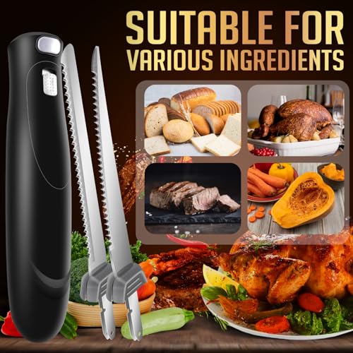 Thanksgiving Day Cordless Electric Knife Easy Slice and Assemble with Storage Case, Serrated Edge Blades Carving Set with Ergonomic Handle and Safety Lock for Turkey, Meat, Bread, Ribs, Fillet and Foam