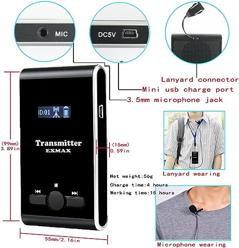 EXMAX EX-100 Sistema inalámbrico de guía turística con micrófono y auricular para interpretación simultánea, conferencias, viajes y enseñanzas (1 transmisor 10 receptores) miniatura 5