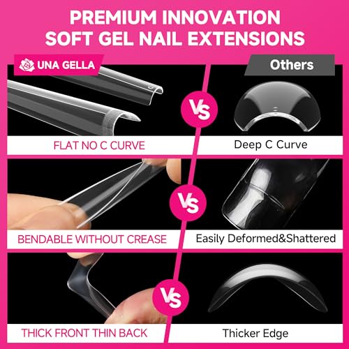 Image of UNA GELLA Extra Long Coffin Nail Tips No C Curve 504PCS XXL Coffin Nails Half Cover Long Coffins Gel Nails Tips Clear Fake False Nails Long Gel Extensions for Nail Art Salon Home DIY No Need File