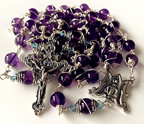 elegantmedical Handmade 925 Sterling Silver Wire Wrapped Amethyst Rosary Beads Necklace Cross & Gift Box