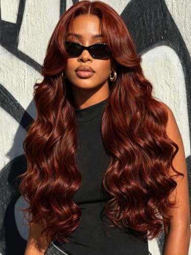 KLAIYI Bye Bye Knots Glueless Wig Reddish Brown Body Wave 7x5 Pre Cut HD Lace Front Wigs Human Hair Put On And Go Wig Pre Bleached Pre Plucked with Baby Hair 30S Ready To Wear 150% Density Full 14Inch