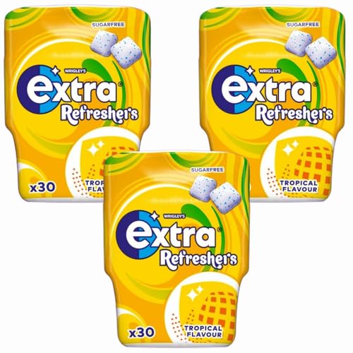 Wrigleys Extra Refreshers Tropical Sugar Free Chewing Gum Tub, 30pcs x 3, Fresh Fruit Flavour with Welari Thank You Card | (3 Pack)