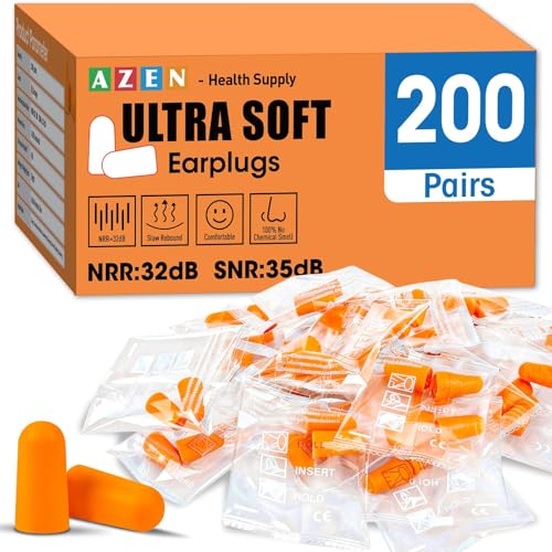 Image of AZEN 200 Pairs Ear Plugs, NRR 32dB Soft Foam Ear Plugs for Sleeping Noise Cancelling, Earplugs for Concerts Shooting Swimming Noise Reduction,Individually Wrapped (Orange)