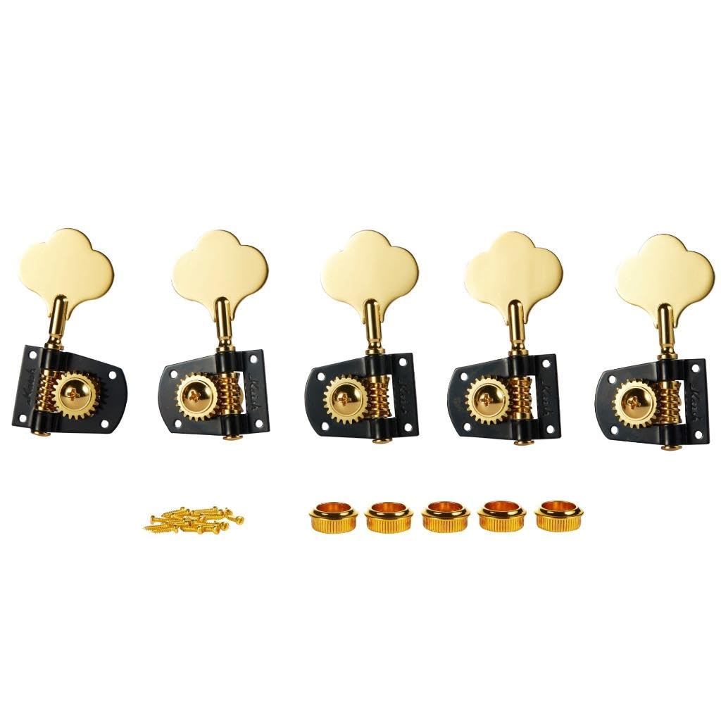 KAISH Cloverleaf Lefty 5 String Bass Tuners Bass Tuning Machines 5 String Bass Tuning Keys for Standard/Highway One Series Jazz Bass J Bass/Precision Bass P Bass Black with Gold 4 Left/1 Right