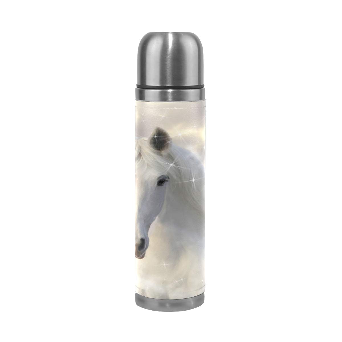 Taza de viaje de acero inoxidable con aislamiento al vacío, doble pared, a prueba de fugas, color blanco, 3D, personalizable, con diseño de caballo, color blanco, 500 ml