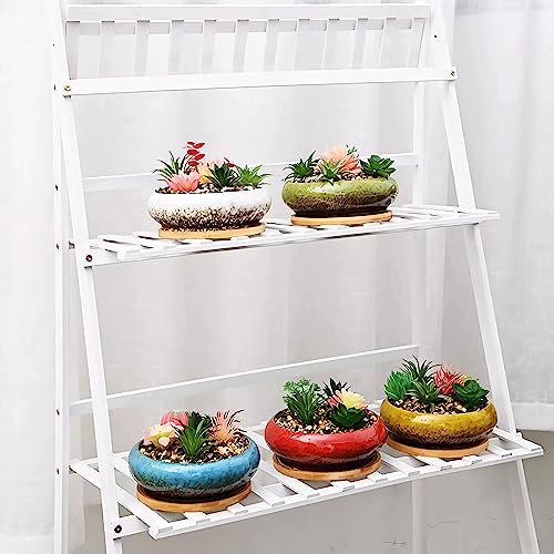 Sjbag SJBAG-A002-02 7.3 Inches Cute Circular Ceramic Home Garden Decoration Succulent Cactus Flower Pots Container With Bamboo Tray -Plant Not Included  thumb #2