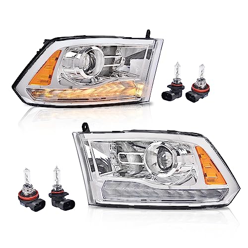 Image of GRAND ORANGE LED DRL Chrome Projector Headlights Assembly Compatible with 2013-2018 Dodge Ram 1500 2500 3500 FACTORY PROJECTOR 9 PIN MODEL Headlamps Clear Lens Amber Reflector