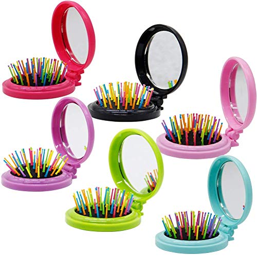 Image of Crackles Small Folding Pocket Soft Hair Brush Comb with Mirror for Travel and Little Girls for Birthday Return Gift Random Colors and Designs (Set of 5)