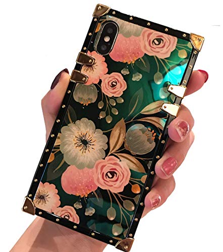 for iPhone Xs Max 6.5”case,BabeMallPremium Flower Retro Color Blu - ray Scratch Proof Square PU Leather Protective Corner Back Cover Case (Flower1)