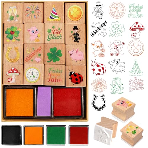  DPKOW Glücksbringer Silvester Stempel für Kinder Basteln Geschenk, Hölzern Stempel für DIY Karte Scrapbooking Glücksbringer Silvester Beschäftigung Kinder Neujahrsglücksbringer Gadget Basteln