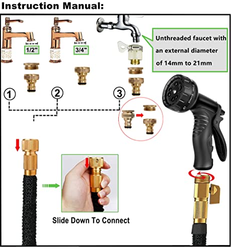 Expandable Garden Hose Pipe 25FT, 3 Times Expanding Flexible Magic Lightweight Watering Hose Pipe with 10 Function Spray Gun/Brass Fittings/Anti-Leakage with 3/4''&1/2'' Connectors Hosepipe(25ft) - Image 5