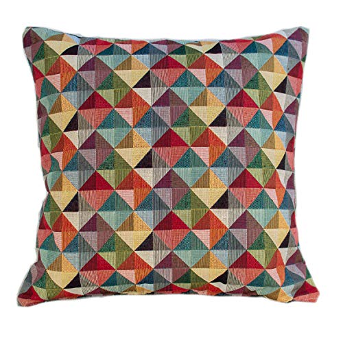 Geometric Tapestry Double Sided Cushion Cover. Multicoloured Red Blue Green Yellow Triangular Harlequin Patten. 17"x17" Square Pillow Case. Kilim Style Fabric