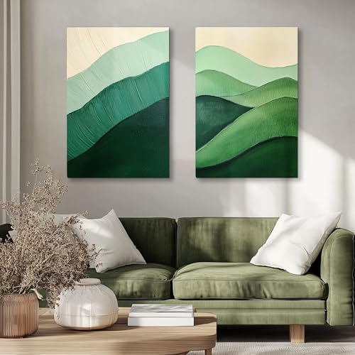 2 Toiles imprimées collines vertes et beiges de style abstrait minimaliste moderne 30x40 cm