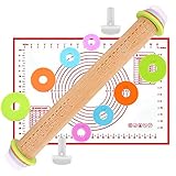 Adjustable Rolling Pin(17.1'x2.56')with Pastry Mat(23.6'x15.7')for Baking Cookie Chapati Fondant Dough Pastry Pizza Pie Crust, Wooden Roller Pin