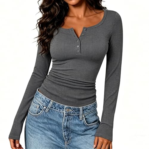 Image of Keepink Womens Tops UK Ladies Button Detail Ribbed Blouse Pullover Top