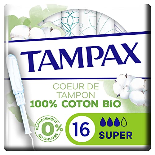 Tampax Cotton Protection, Super, 16 Tampons Avec Applicateur en Plastique Végétal, Flux Moyens à Abondants, Coeur de Tampon En Coton Biologique