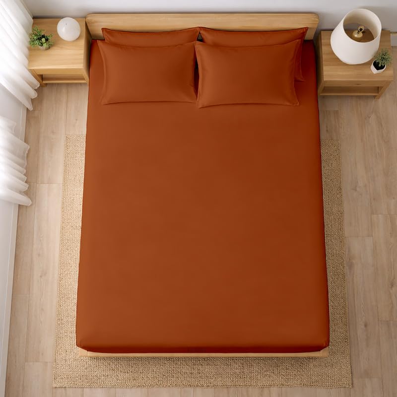 Image of Filbert - Premium Satin Fitted Bedsheet Queen Size (60x78 Inch) with 2 Pillow Covers | Hypoallergenic Breathable | Hair and Skin Friendly, Women Gift Choice|Copper