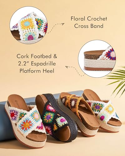 Image of Coutgo Womens Platform Espadrille Sandals Floral Crochet Open Toe Slides | 2.2-In Heels, Slip on, Cork Footbed, Cross Wide Strap, Summer Beach Vacation Shoes