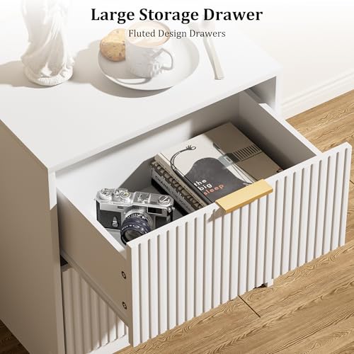 Image of Furniway Nightstands Set of 2, Fluted Nightstand with Gold Metal Handles and 2 Drawers, Modern Bedside Table, 19.6 inch Wide Wood End Table for Bedroom, White