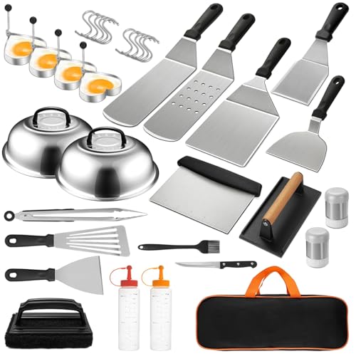 35PCS Kit Barbacoa Utensilios - Acero Inoxidable Accesorios Barbacoa, con Smash Burger & Espatula Cocina & Utensilios para Parrilla Teppanyaki, para Barbacoa, Picnic, Camping