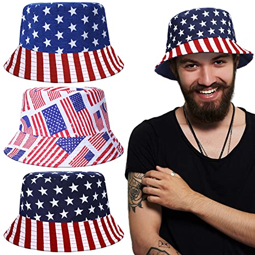 Ramede 3 Pieces American Flag Bucket Hat 4Th Of July Patriotic Bucket Hats Double Side Wear Sun Hat Fishermen Cap Travel Beach Hat Unisex American Flag Cap For Men Women #TOP14