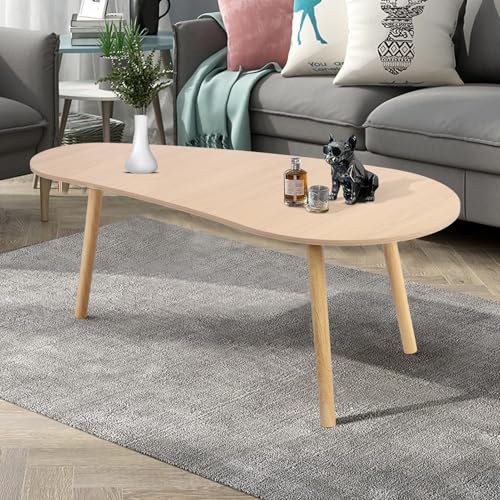 funrautz Mesa de centro ovalada de madera moderna de mediados de siglo, mesa de té central para sala de estar, mesa baja para espacios pequeños de madera