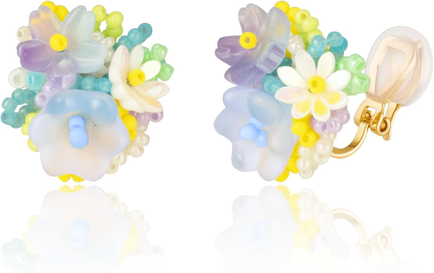 Fashion Beaded Flower Clip On Earrings For Women, Cute Lovely Acrylic Flower Earrings No piercing Earrings