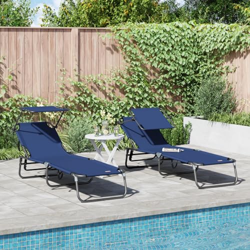 JHQHSM Juego de 2 tumbonas plegables con toldo azul Oxford 600D, tumbonas plegables de jardín con material resistente a los rayos UV y reposabrazos ajustables, marco de acero resistente a la