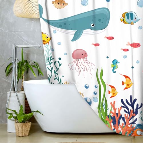 Image of Ocean Underwater World Kids Shower Curtain, Cute Sea Turtles Dolphins Fish Coral Reef Bathroom Decor for Boys Girls, Waterproof Polyester Fabric with 12 Hooks, Blue Marine Theme Bath Curtain
